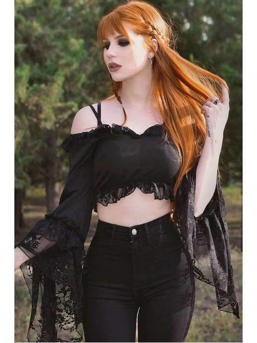 Black Off-Shoulder Lace Crop Top - Women — image 5 of 7